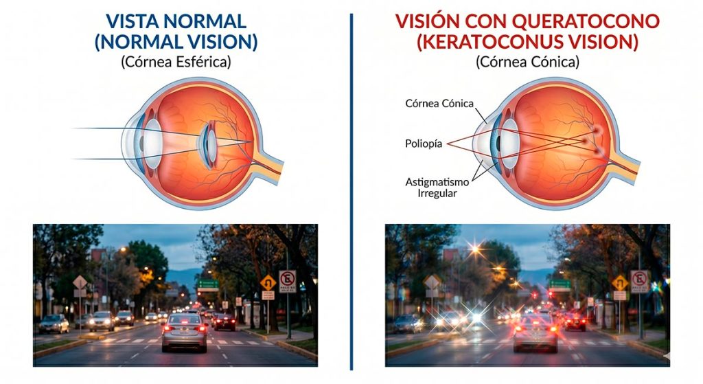 Visi&oacute;n con queratocono: En un ojo sano, la c&oacute;rnea tiene una forma esf&eacute;rica perfecta, similar a una c&uacute;pula. Esta forma se mantiene gracias a una red intrincada de fibras de col&aacute;geno que le dan rigidez y elasticidad.