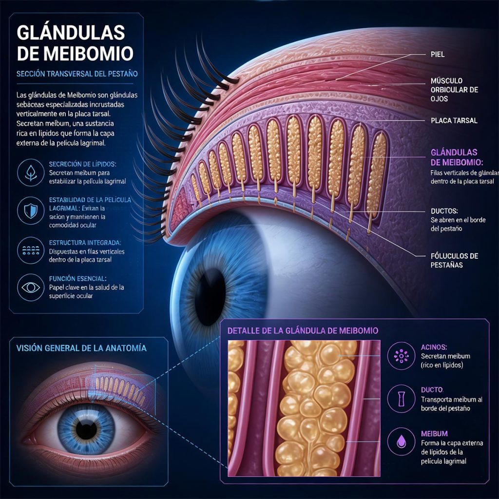 Esquema m&eacute;dico de las gl&aacute;ndulas de Meibomio obstruidas y la pel&iacute;cula lagrimal en el ojo seco evaporativo.